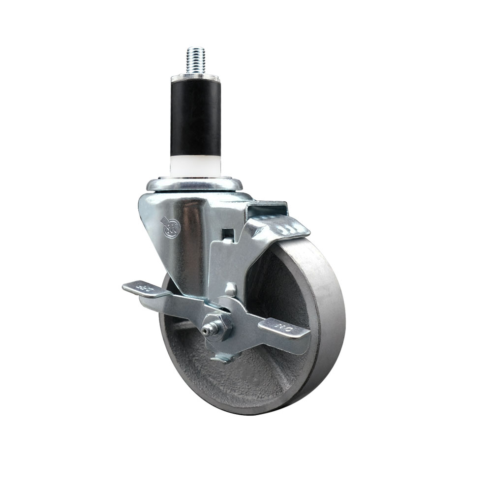 Semi Steel Cast Iron Swivel Expanding Stem Swivel Caster with 4 Inch Silver Wheel and 1-3/8" Stem & Top Locking Brake - 300 lbs. Capacity Per Caster - Service Caster Brand — photo 1