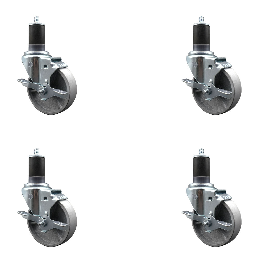 Semi Steel Cast Iron Swivel Expanding Stem Caster Set of 4 with 4 Inch Silver Wheels and 1-5/8" Stems - Includes 4 Swivel with Top Locking Brakes - 300 lbs. Capacity Per Caster - Service Caster Brand — photo 1