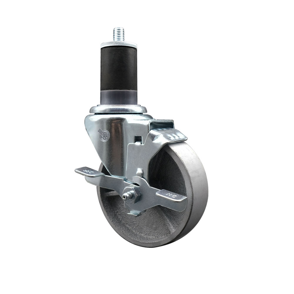 Semi Steel Cast Iron Swivel Expanding Stem Swivel Caster with 4 Inch Silver Wheel and 1-5/8" Stem & Top Locking Brake - 300 lbs. Capacity Per Caster - Service Caster Brand — photo 1