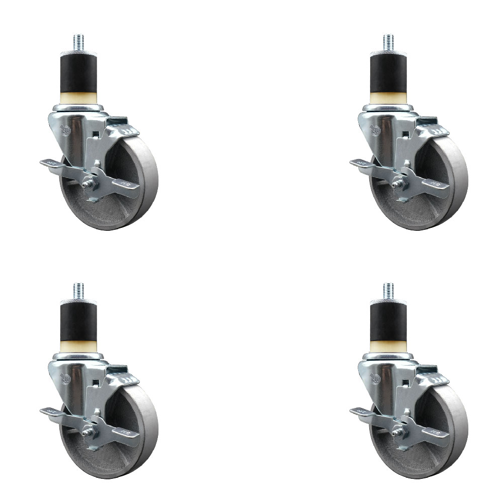 Semi Steel Cast Iron Swivel Expanding Stem Caster Set of 4 with 4 Inch Silver Wheels and 1-7/8" Stems - Includes 4 Swivel with Top Locking Brakes - 300 lbs. Capacity Per Caster - Service Caster Brand — photo 1