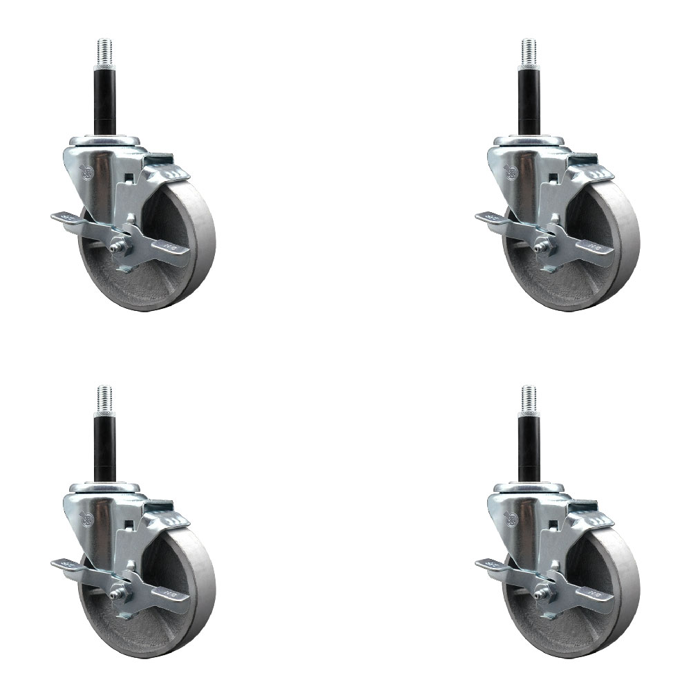 Semi Steel Cast Iron Swivel Expanding Stem Caster Set of 4 with Roller Bearings - 4" x 1.5" Silver Wheels and 3/4" Stems - 4 with Top Lock Brakes - 1200 lbs Total Capacity - Service Caster Brand — photo 1