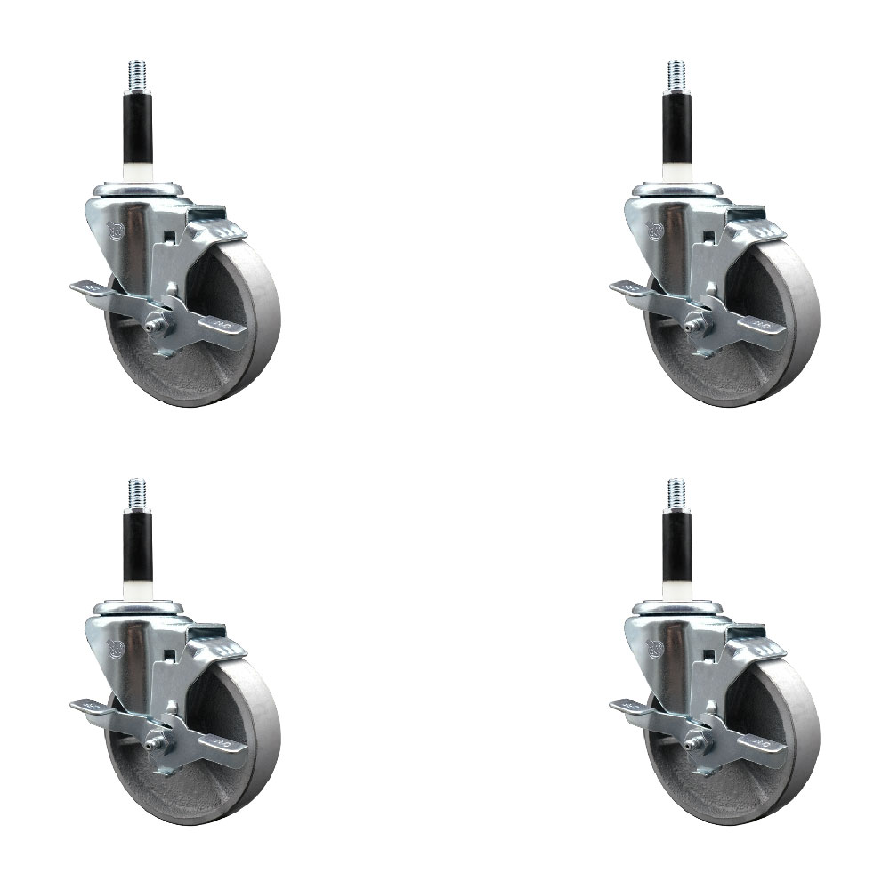 Semi Steel Cast Iron Swivel Expanding Stem Caster Set of 4 with Roller Bearings - 4" x 1.5" Silver Wheels and 7/8" Stems - 4 with Top Lock Brakes - 1200 lbs Total Capacity - Service Caster Brand — photo 1