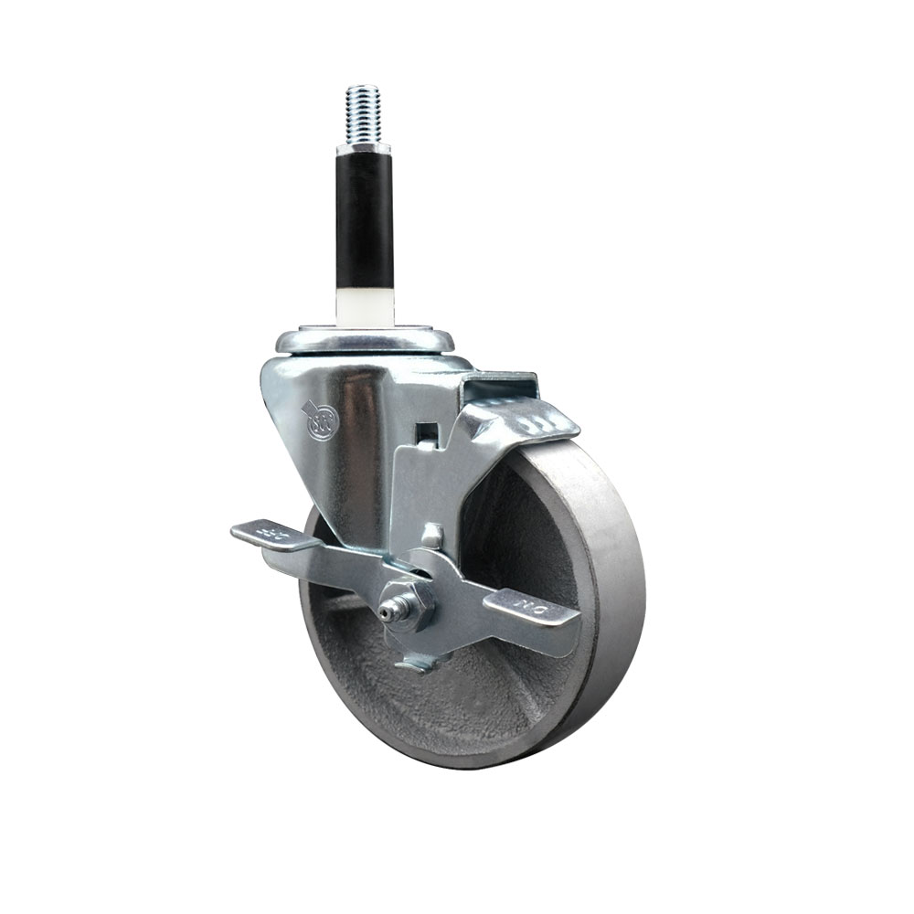 Semi Steel Cast Iron Swivel Expanding Stem Caster w/Roller Bearing - 4" x 1.5" Silver Wheel and 7/8" Stem & Top Locking Brake - 300 lbs Capacity/Caster - Service Caster Brand — photo 1