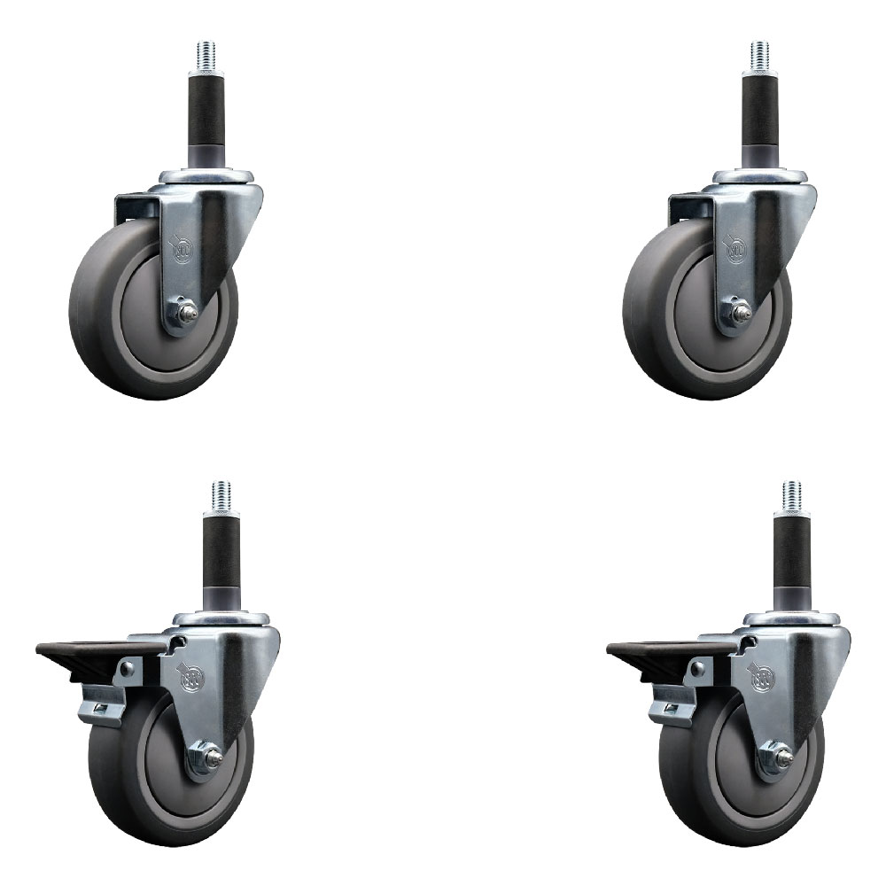 Thermoplastic Rubber Swivel Expanding Stem Caster Set of 4 with 4 Inch Gray Wheels and 1" Stems - Includes 2 with Posi Locking Brakes - 1000 lbs Total Capacity - Service Caster Brand — photo 1