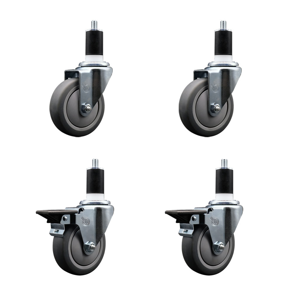 Thermoplastic Rubber Swivel Expanding Stem Caster Set of 4 with 4 Inch Gray Wheels and 1-1/2" Stems - Includes 2 with Posi Locking Brakes - 1000 lbs Total Capacity - Service Caster Brand — photo 1