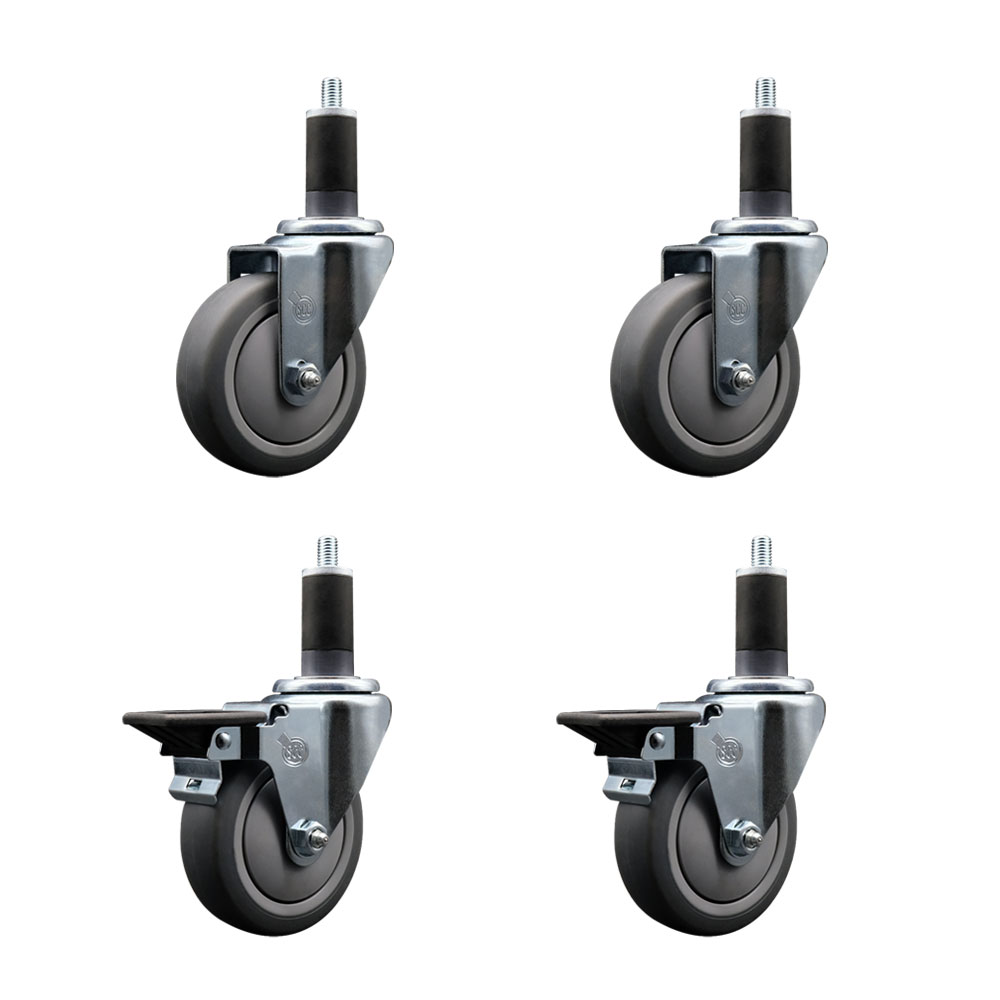 Thermoplastic Rubber Swivel Expanding Stem Caster Set of 4 with 4 Inch Gray Wheels and 1-1/4" Stems - Includes 2 with Posi Locking Brakes - 1000 lbs Total Capacity - Service Caster Brand — photo 1