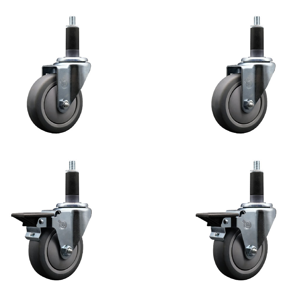 Thermoplastic Rubber Swivel Expanding Stem Caster Set of 4 with 4 Inch Gray Wheels and 1-1/8" Stems - Includes 2 with Posi Locking Brakes - 1000 lbs Total Capacity - Service Caster Brand — photo 1