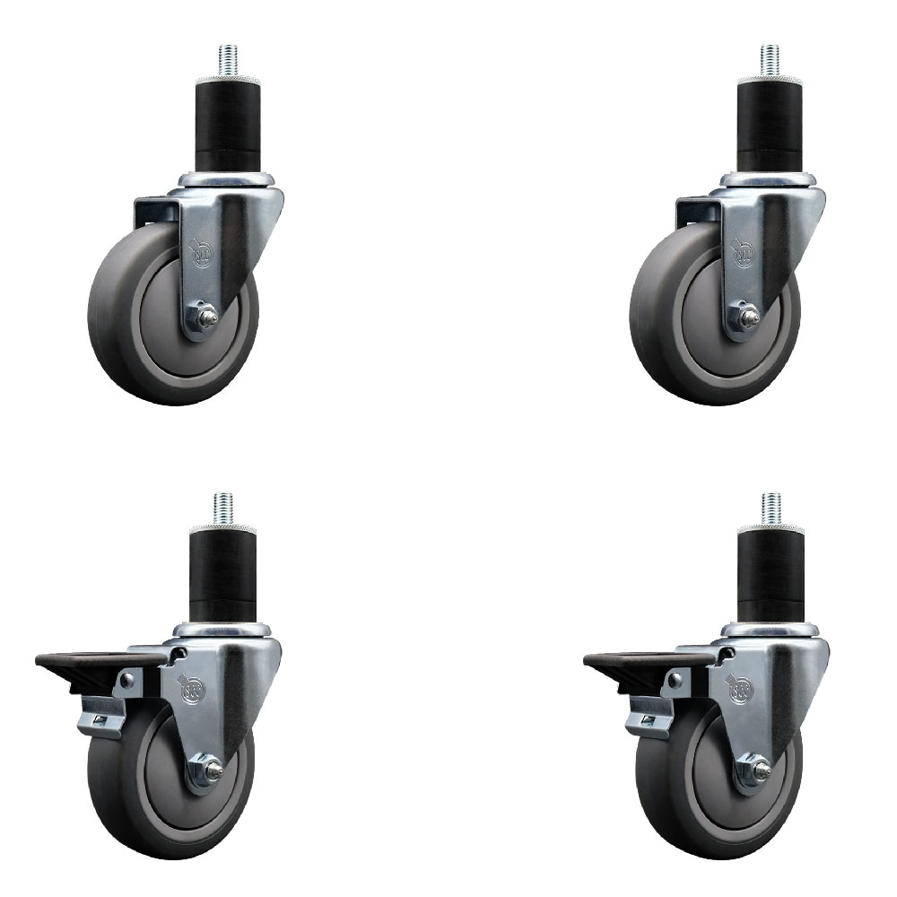 Thermoplastic Rubber Swivel Expanding Stem Caster Set of 4 with 4 Inch Gray Wheels and 1-3/4" Stems - Includes 2 with Posi Locking Brakes - 1000 lbs Total Capacity - Service Caster Brand — photo 1