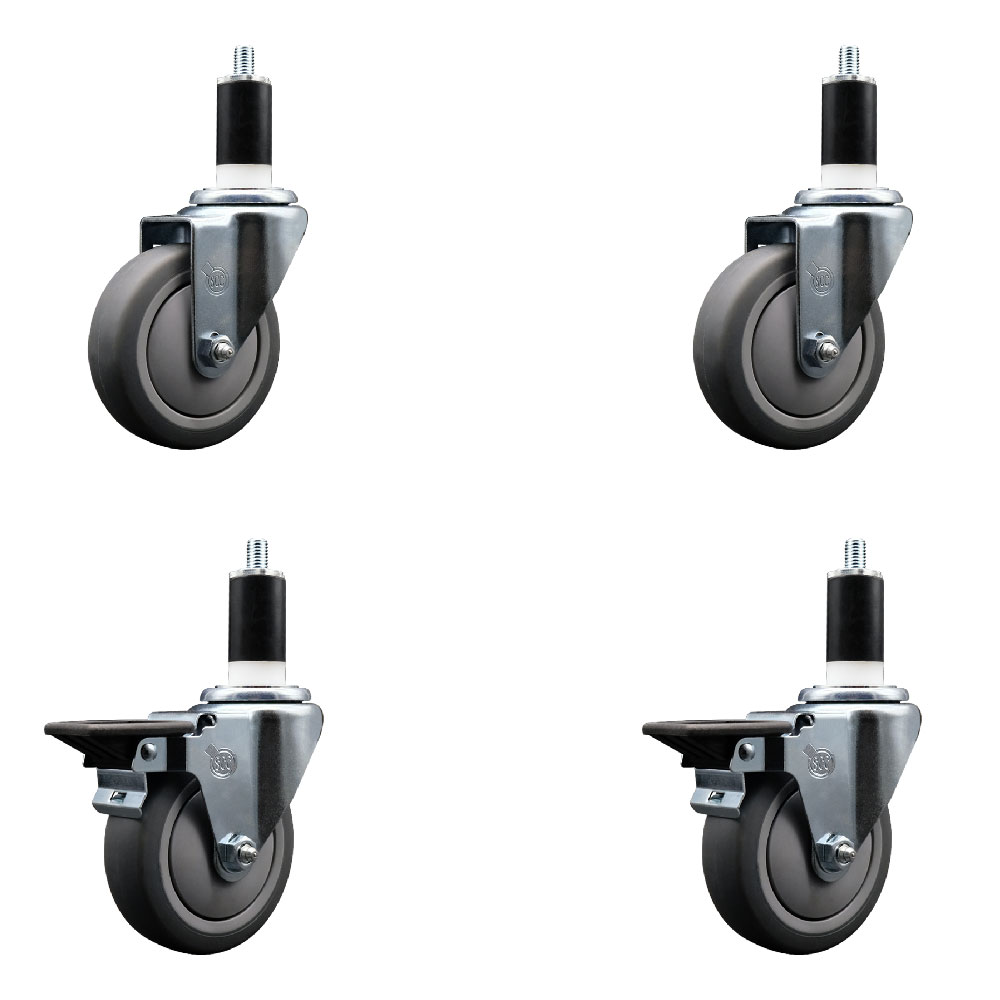 Thermoplastic Rubber Swivel Expanding Stem Caster Set of 4 with 4 Inch Gray Wheels and 1-3/8" Stems - Includes 2 with Posi Locking Brakes - 1000 lbs Total Capacity - Service Caster Brand — photo 1