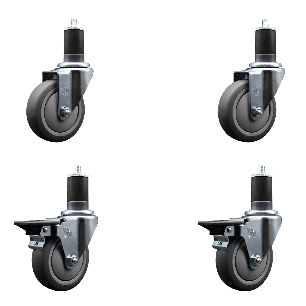 Thermoplastic Rubber Swivel Expanding Stem Caster Set of 4 with 4 Inch Gray Wheels and 1-5/8" Stems - Includes 2 with Posi Locking Brakes - 1000 lbs Total Capacity - Service Caster Brand — photo 1