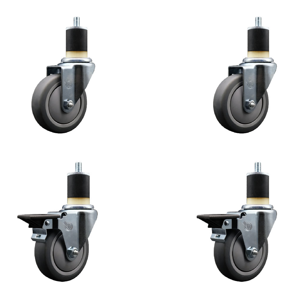 Thermoplastic Rubber Swivel Expanding Stem Caster Set of 4 with 4 Inch Gray Wheels and 1-7/8" Stems - Includes 2 with Posi Locking Brakes - 1000 lbs Total Capacity - Service Caster Brand — photo 1