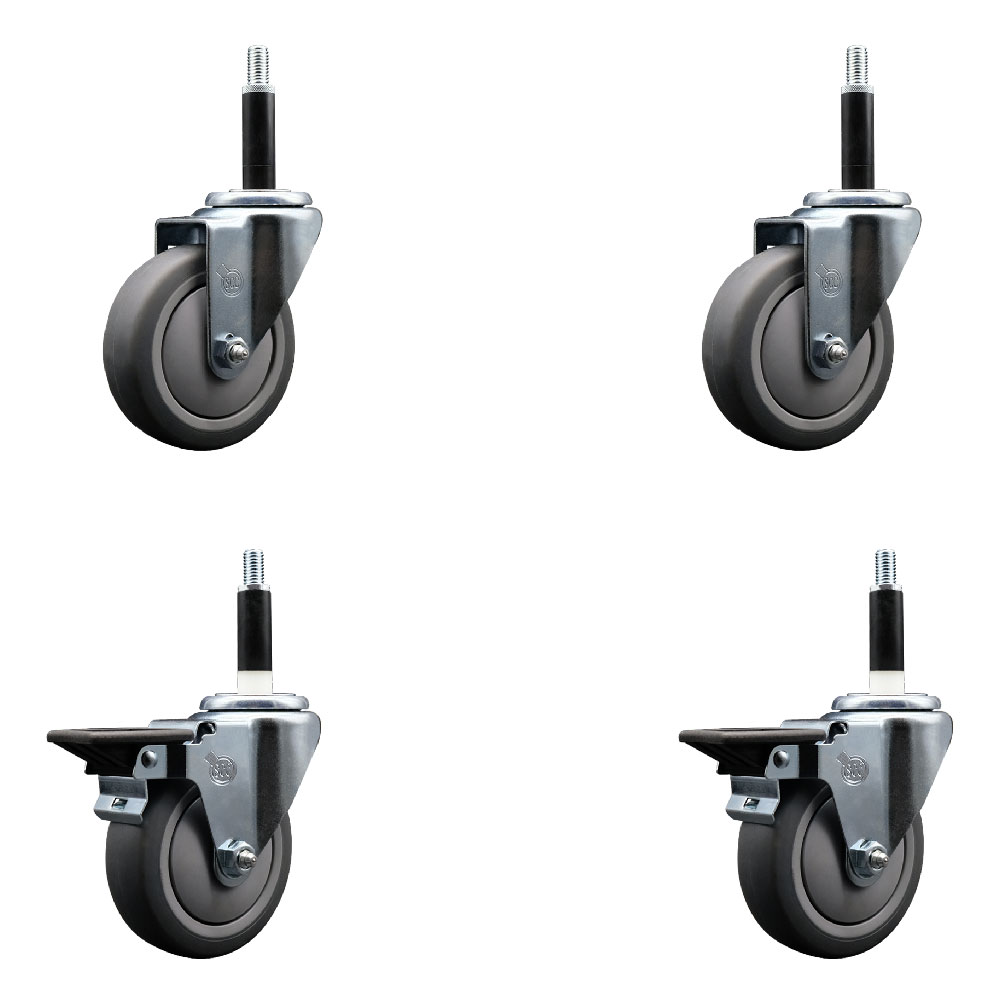 Thermoplastic Rubber Swivel Expanding Stem Caster Set of 4 with 4 Inch Gray Wheels and 3/4" Stems - Includes 2 with Posi Locking Brakes - 1000 lbs Total Capacity - Service Caster Brand — photo 1