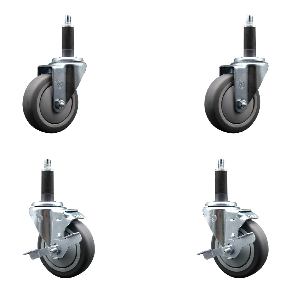 Stainless Steel Thermoplastic Rubber Swivel Expanding Stem Caster Set of 4 with 4 Inch Gray Wheels and 1" Stems - Includes 2 with Top Locking Brakes - 1000 lbs Total Capacity - Service Caster Brand — photo 1