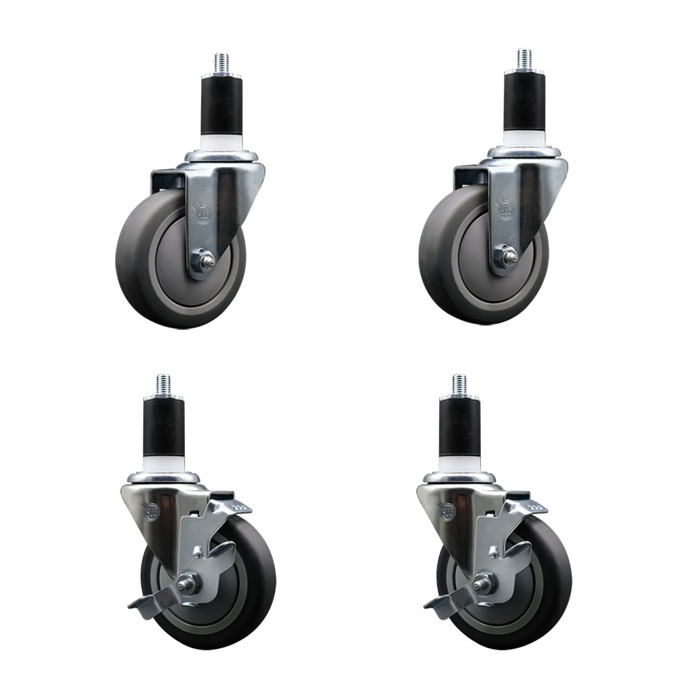 Stainless Steel Thermoplastic Rubber Swivel Expanding Stem Caster Set of 4 with 4 Inch Gray Wheels and 1-1/2" Stems - 2 with Top Locking Brakes - 1000 lbs Total Capacity - Service Caster Brand — photo 1