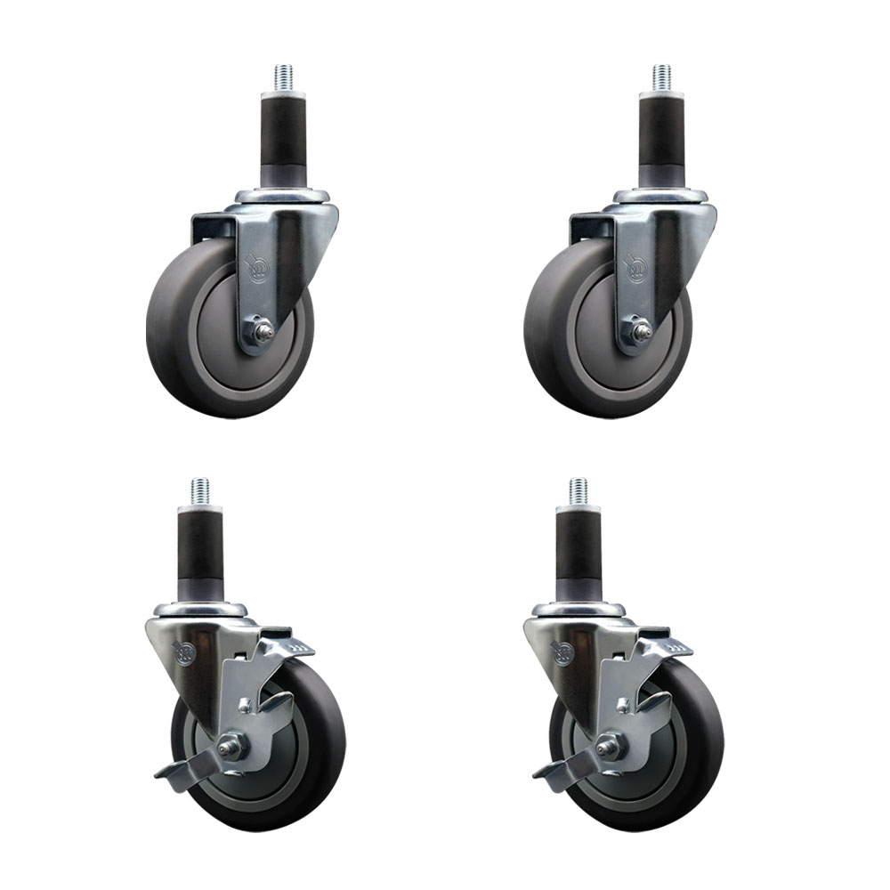 Thermoplastic Rubber Swivel Expanding Stem Caster Set of 4 with 4 Inch Gray Wheels and 1-1/4" Stems - Includes 2 with Top Locking Brakes - 1000 lbs Total Capacity - Service Caster Brand — photo 1