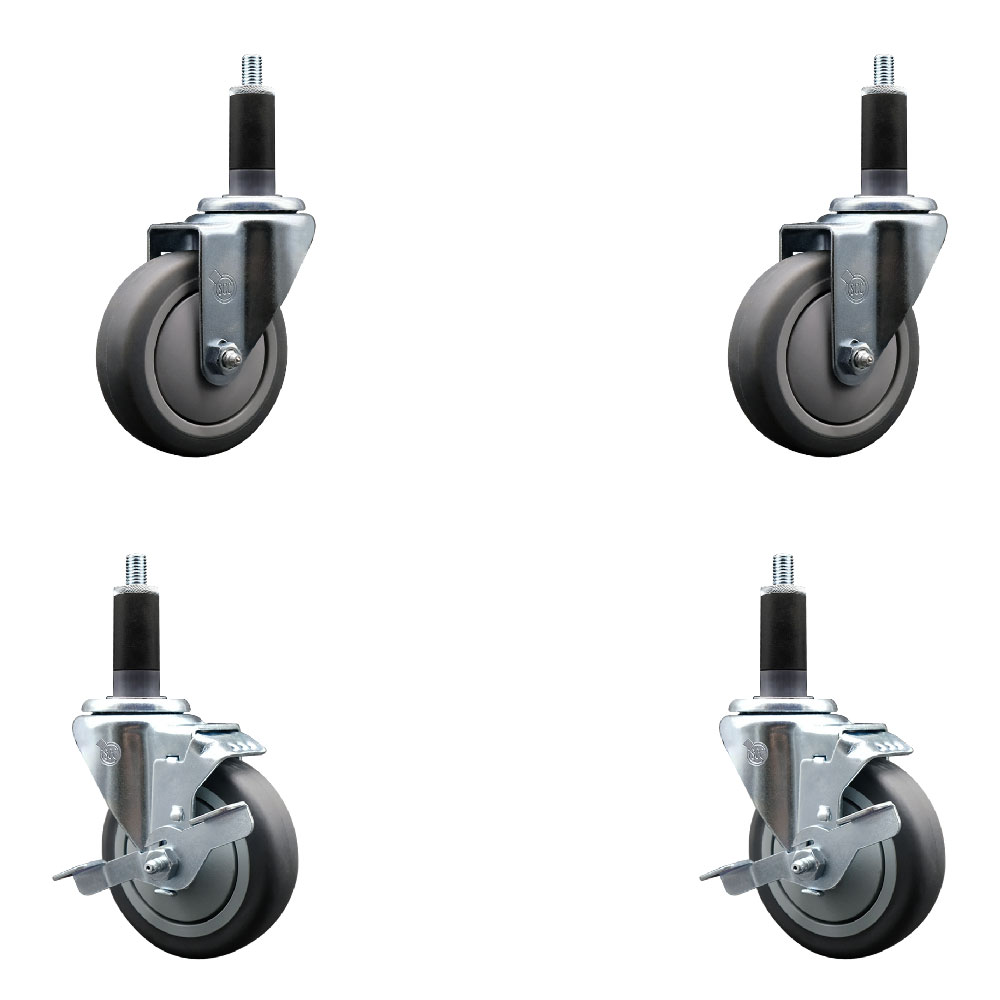 Stainless Steel Thermoplastic Rubber Swivel Expanding Stem Caster Set of 4 with 4 Inch Gray Wheels and 1-1/8" Stems - 2 with Top Locking Brakes - 1000 lbs Total Capacity - Service Caster Brand — photo 1