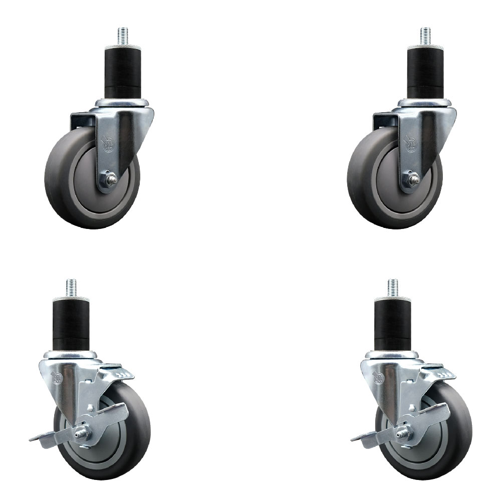 Stainless Steel Thermoplastic Rubber Swivel Expanding Stem Caster Set of 4 with 4 Inch Gray Wheels and 1-3/4" Stems - 2 with Top Locking Brakes - 1000 lbs Total Capacity - Service Caster Brand — photo 1