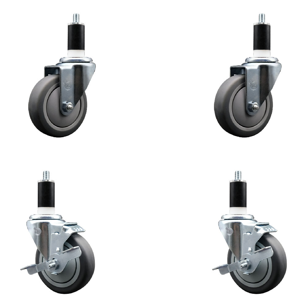 Stainless Steel Thermoplastic Rubber Swivel Expanding Stem Caster Set of 4 with 4 Inch Gray Wheels and 1-3/8" Stems - 2 with Top Locking Brakes - 1000 lbs Total Capacity - Service Caster Brand — photo 1