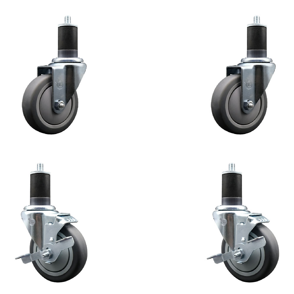 Thermoplastic Rubber Swivel Expanding Stem Caster Set of 4 with 4 Inch Gray Wheels and 1-5/8" Stems - Includes 2 with Top Locking Brakes - 1000 lbs Total Capacity - Service Caster Brand — photo 1
