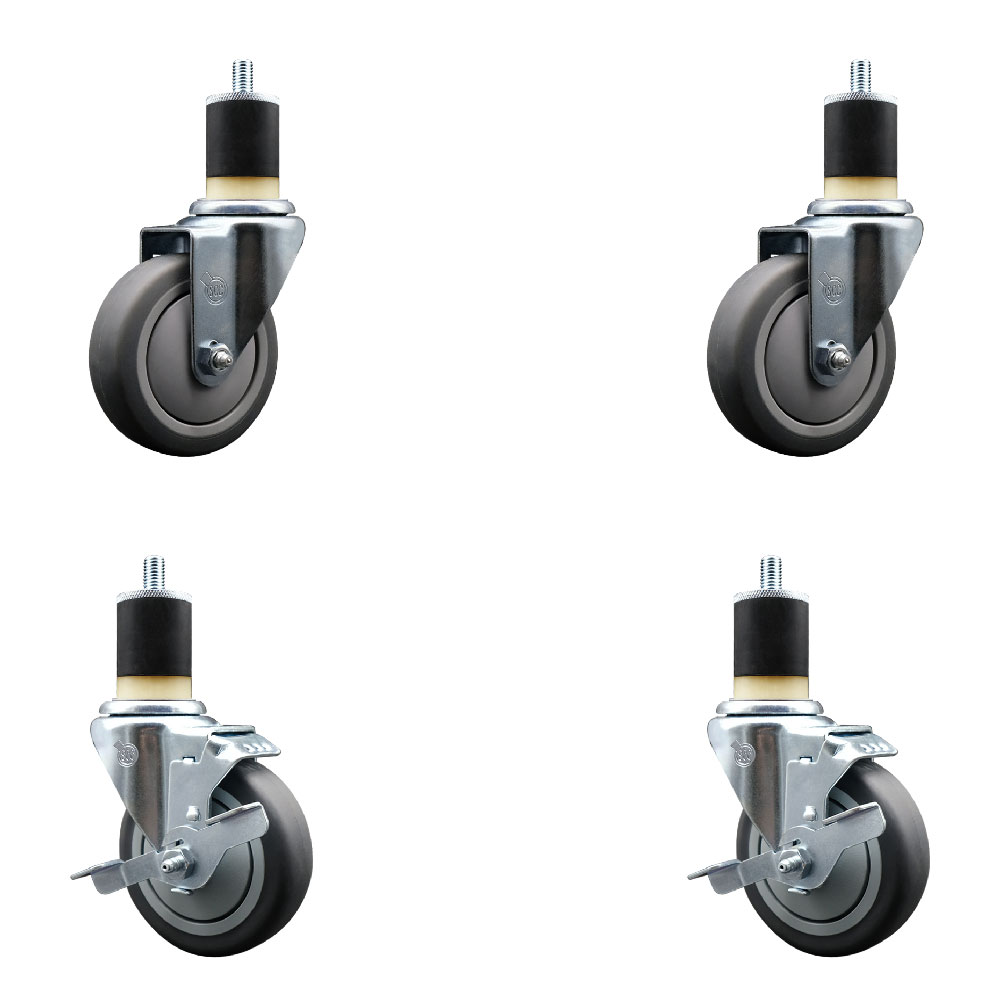 Thermoplastic Rubber Swivel Expanding Stem Caster Set of 4 with 4 Inch Gray Wheels and 1-7/8" Stems - Includes 2 with Top Locking Brakes - 1000 lbs Total Capacity - Service Caster Brand — photo 1