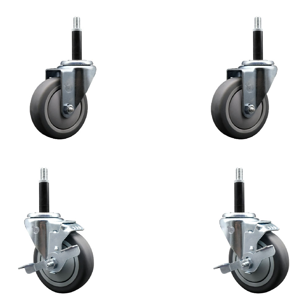 Stainless Steel Thermoplastic Rubber Swivel Expanding Stem Caster Set of 4 with 4 Inch Gray Wheels and 3/4" Stems - Includes 2 with Top Locking Brakes - 1000 lbs Total Capacity - Service Caster Brand — photo 1
