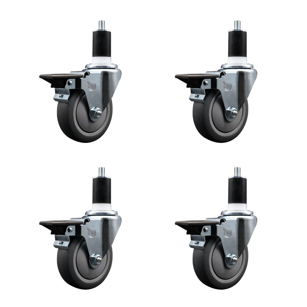 Thermoplastic Rubber Swivel Expanding Stem Caster Set of 4 with 4 Inch Gray Wheels and 1-1/2" Stems - Includes 4 Swivel with Posi Locking Brakes - 250 lbs. Capacity Per Caster - Service Caster Brand — photo 1
