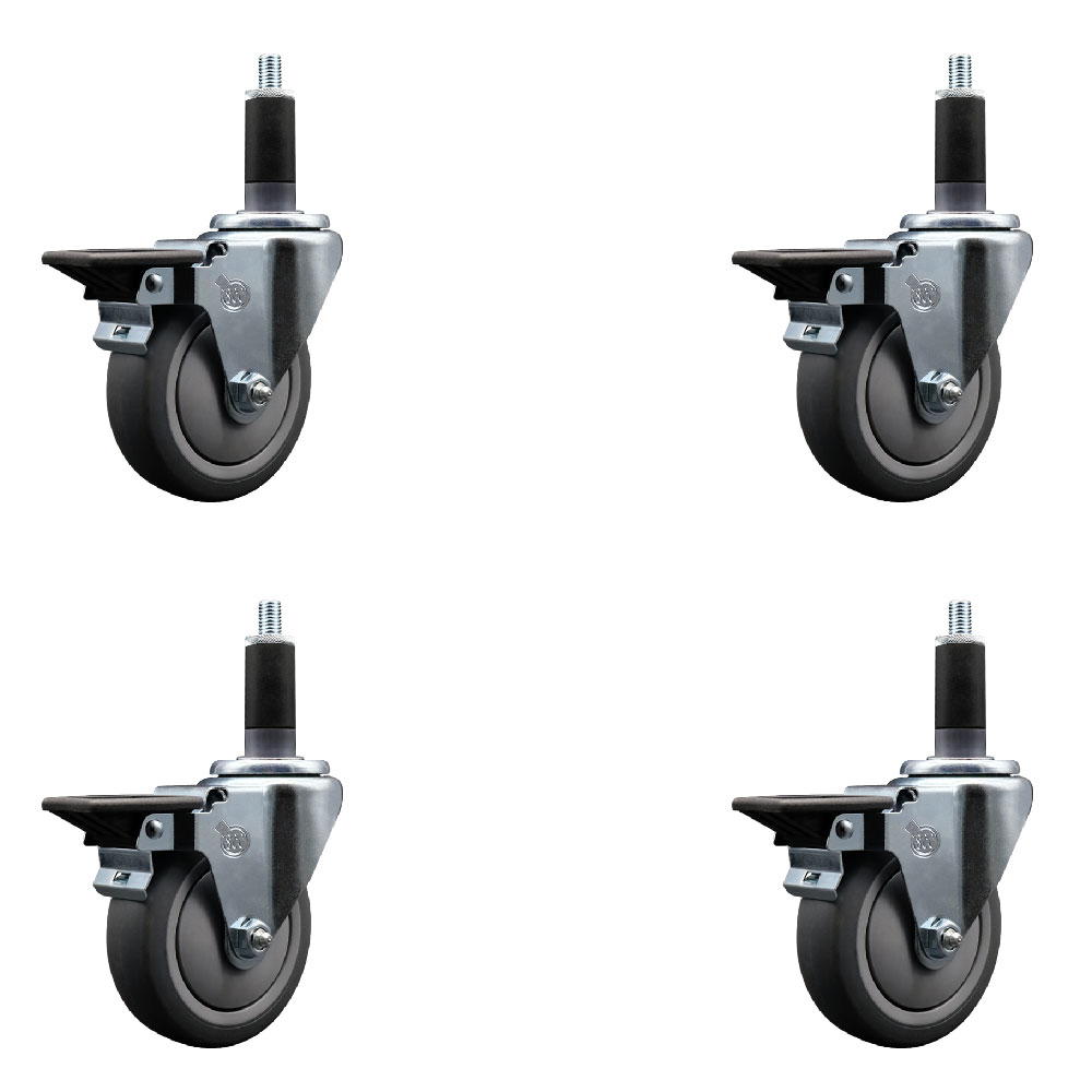 Thermoplastic Rubber Swivel Expanding Stem Caster Set of 4 with 4 Inch Gray Wheels and 1-1/8" Stems - Includes 4 Swivel with Posi Locking Brakes - 250 lbs. Capacity Per Caster - Service Caster Brand — photo 1