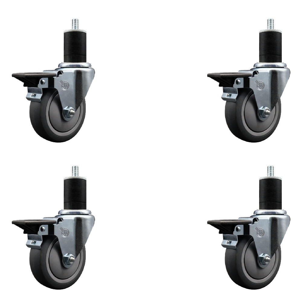 Thermoplastic Rubber Swivel Expanding Stem Caster Set of 4 with 4 Inch Gray Wheels and 1-3/4" Stems - Includes 4 Swivel with Posi Locking Brakes - 250 lbs. Capacity Per Caster - Service Caster Brand — photo 1