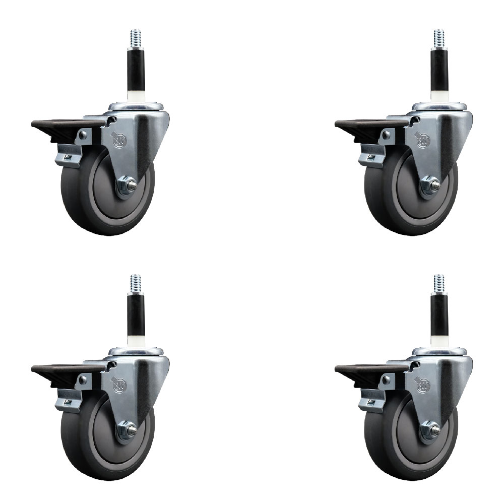 Thermoplastic Rubber Swivel Expanding Stem Caster Set of 4 with 4 Inch Gray Wheels and 7/8" Stems - Includes 4 Swivel with Posi Locking Brakes - 250 lbs. Capacity Per Caster - Service Caster Brand — photo 1