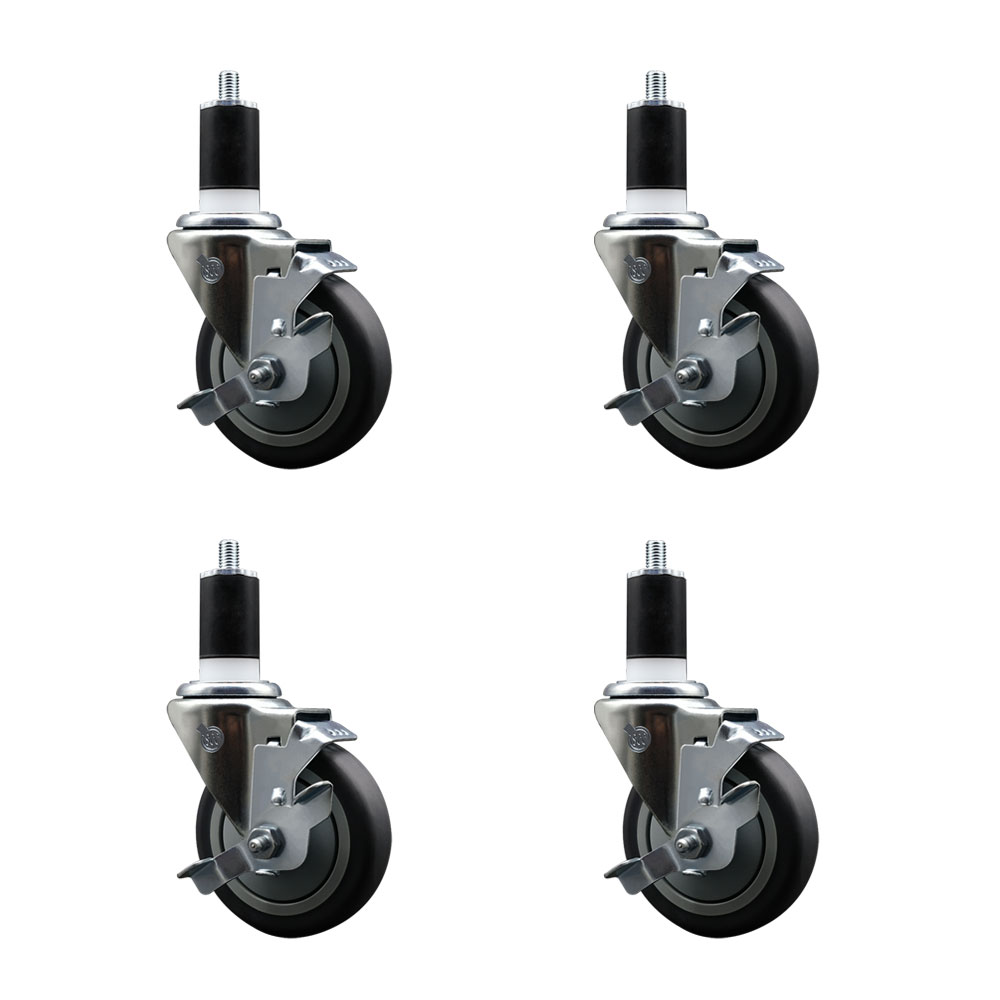 Stainless Steel Thermoplastic Rubber Swivel Expanding Stem Caster Set of 4 with 4 Inch Gray Wheels and 1-1/2" Stems-4 Swivel with Top Locking Brakes-250 lbs. Capacity Per Caster-Service Caster Brand — photo 1