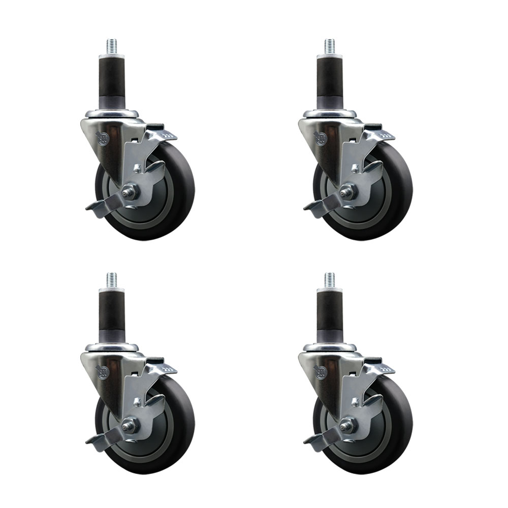 Stainless Steel Thermoplastic Rubber Swivel Expanding Stem Caster Set of 4 with 4 Inch Gray Wheels and 1-1/4" Stems-4 Swivel with Top Locking Brakes-250 lbs. Capacity Per Caster-Service Caster Brand — photo 1