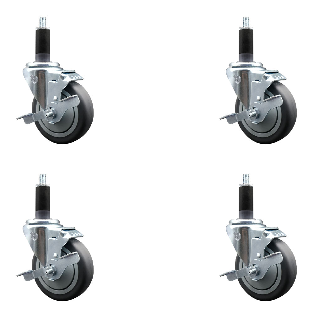 Stainless Steel Thermoplastic Rubber Swivel Expanding Stem Caster Set of 4 with 4 Inch Gray Wheels and 1-1/8" Stems-4 Swivel with Top Locking Brakes-250 lbs. Capacity Per Caster-Service Caster Brand — photo 1