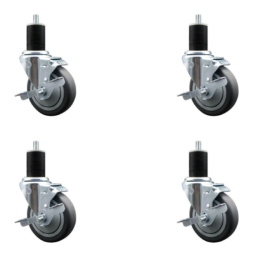 Stainless Steel Thermoplastic Rubber Swivel Expanding Stem Caster Set of 4 with 4 Inch Gray Wheels and 1-3/4" Stems-4 Swivel with Top Locking Brakes-250 lbs. Capacity Per Caster-Service Caster Brand — photo 1
