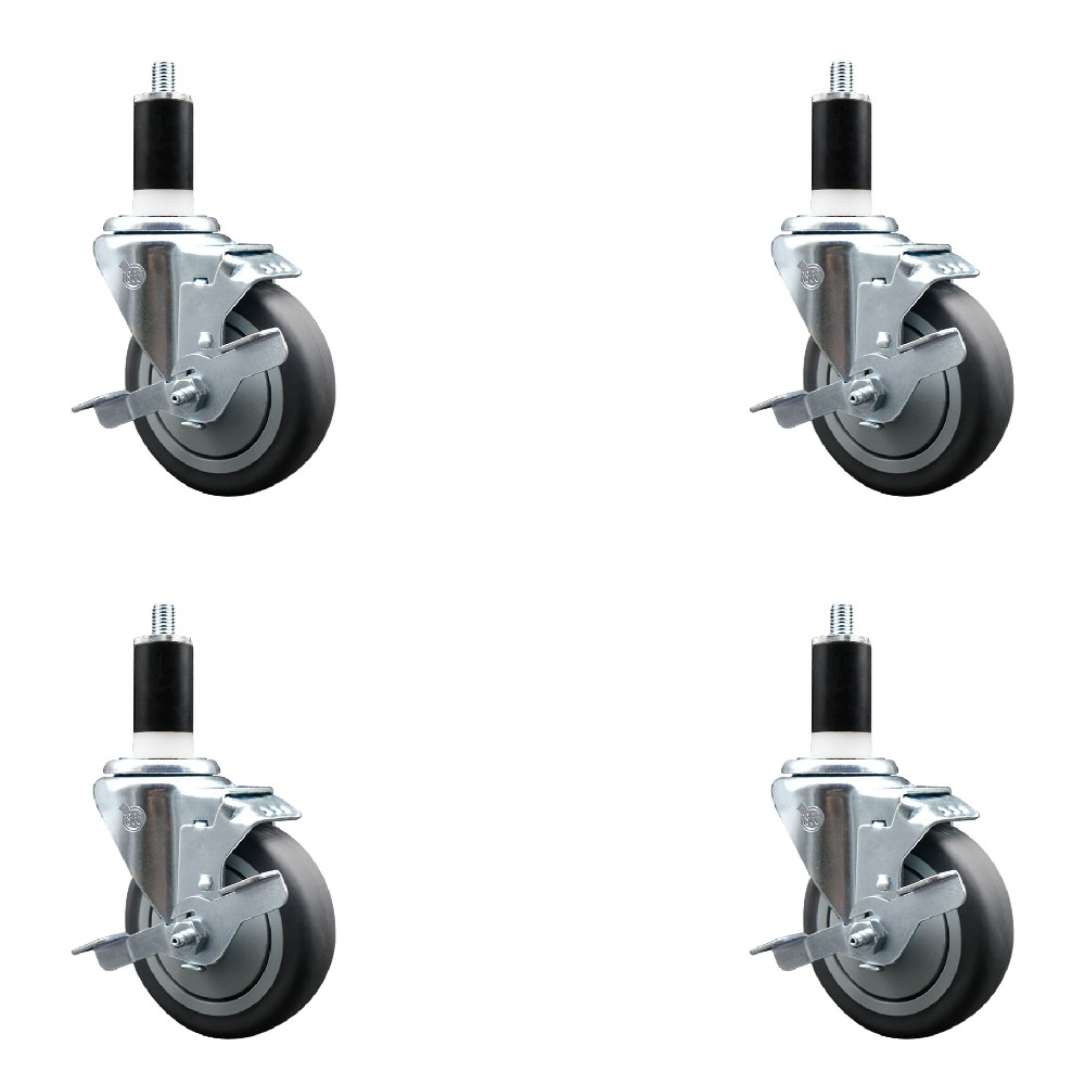 Stainless Steel Thermoplastic Rubber Swivel Expanding Stem Caster Set of 4 with 4 Inch Gray Wheels and 1-3/8" Stems-4 Swivel with Top Locking Brakes-250 lbs. Capacity Per Caster-Service Caster Brand — photo 1