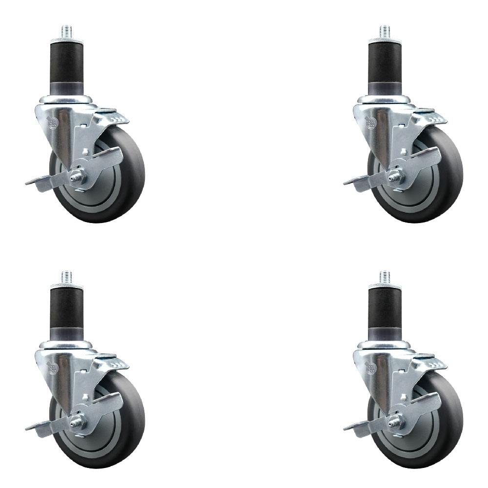 Stainless Steel Thermoplastic Rubber Swivel Expanding Stem Caster Set of 4 with 4 Inch Gray Wheels and 1-5/8" Stems-4 Swivel with Top Locking Brakes-250 lbs. Capacity Per Caster-Service Caster Brand — photo 1