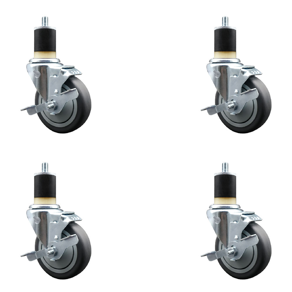 Stainless Steel Thermoplastic Rubber Swivel Expanding Stem Caster Set of 4 with 4 Inch Gray Wheels and 1-7/8" Stems-4 Swivel with Top Locking Brakes-250 lbs. Capacity Per Caster-Service Caster Brand — photo 1