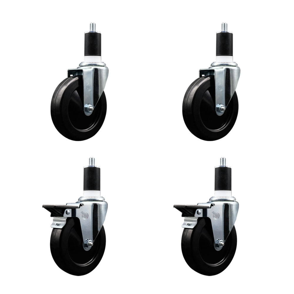 Soft Rubber Swivel Expanding Stem Caster Set of 4 with 5 Inch Black Wheels and 1-1/2" Stems - Includes 2 with Posi Locking Brakes - 1100 lbs Total Capacity - Service Caster Brand — photo 1