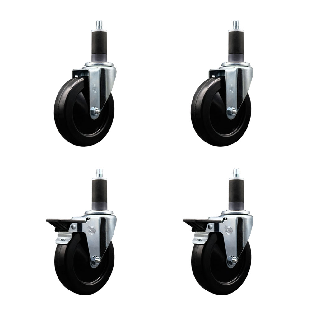 Hard Rubber Swivel Expanding Stem Caster Set of 4 w/5" x 1.25" Black Wheels and 1-1/4" Stems - Includes 2 with Posi Locking Brake - 1200 lbs Total Capacity - Service Caster Brand — photo 1
