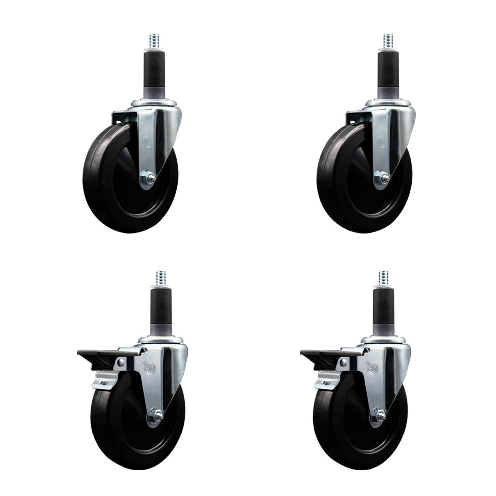 Hard Rubber Swivel Expanding Stem Caster Set of 4 w/5" x 1.25" Black Wheels and 1-1/8" Stems - Includes 2 with Posi Locking Brake - 1200 lbs Total Capacity - Service Caster Brand — photo 1