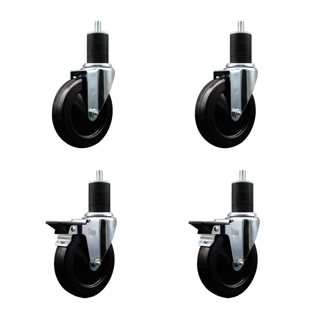Soft Rubber Swivel Expanding Stem Caster Set of 4 with 5 Inch Black Wheels and 1-3/4" Stems - Includes 2 with Posi Locking Brakes - 1100 lbs Total Capacity - Service Caster Brand — photo 1