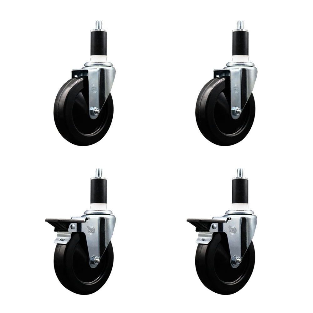 Hard Rubber Swivel Expanding Stem Caster Set of 4 w/5" x 1.25" Black Wheels and 1-3/8" Stems - Includes 2 with Posi Locking Brake - 1200 lbs Total Capacity - Service Caster Brand — photo 1