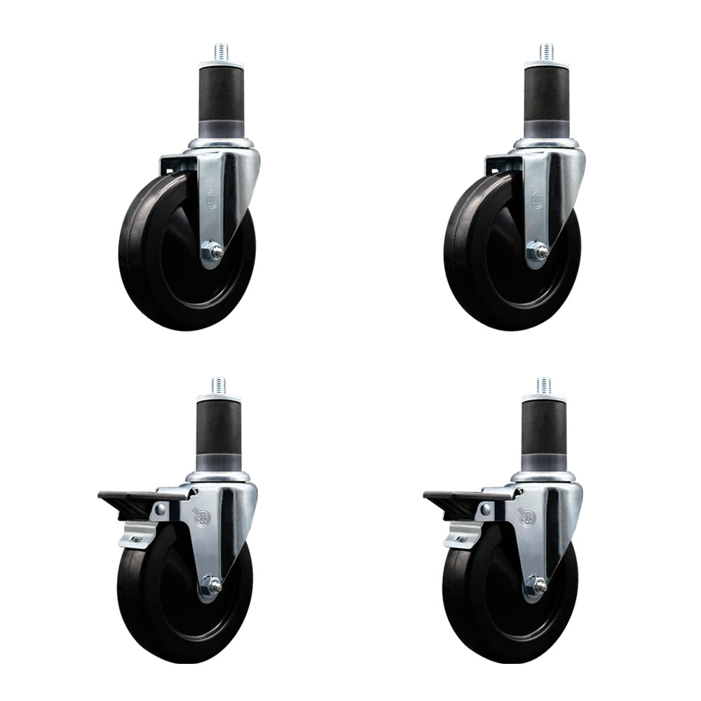 Soft Rubber Swivel Expanding Stem Caster Set of 4 with 5 Inch Black Wheels and 1-5/8" Stems - Includes 2 with Posi Locking Brakes - 1100 lbs Total Capacity - Service Caster Brand — photo 1