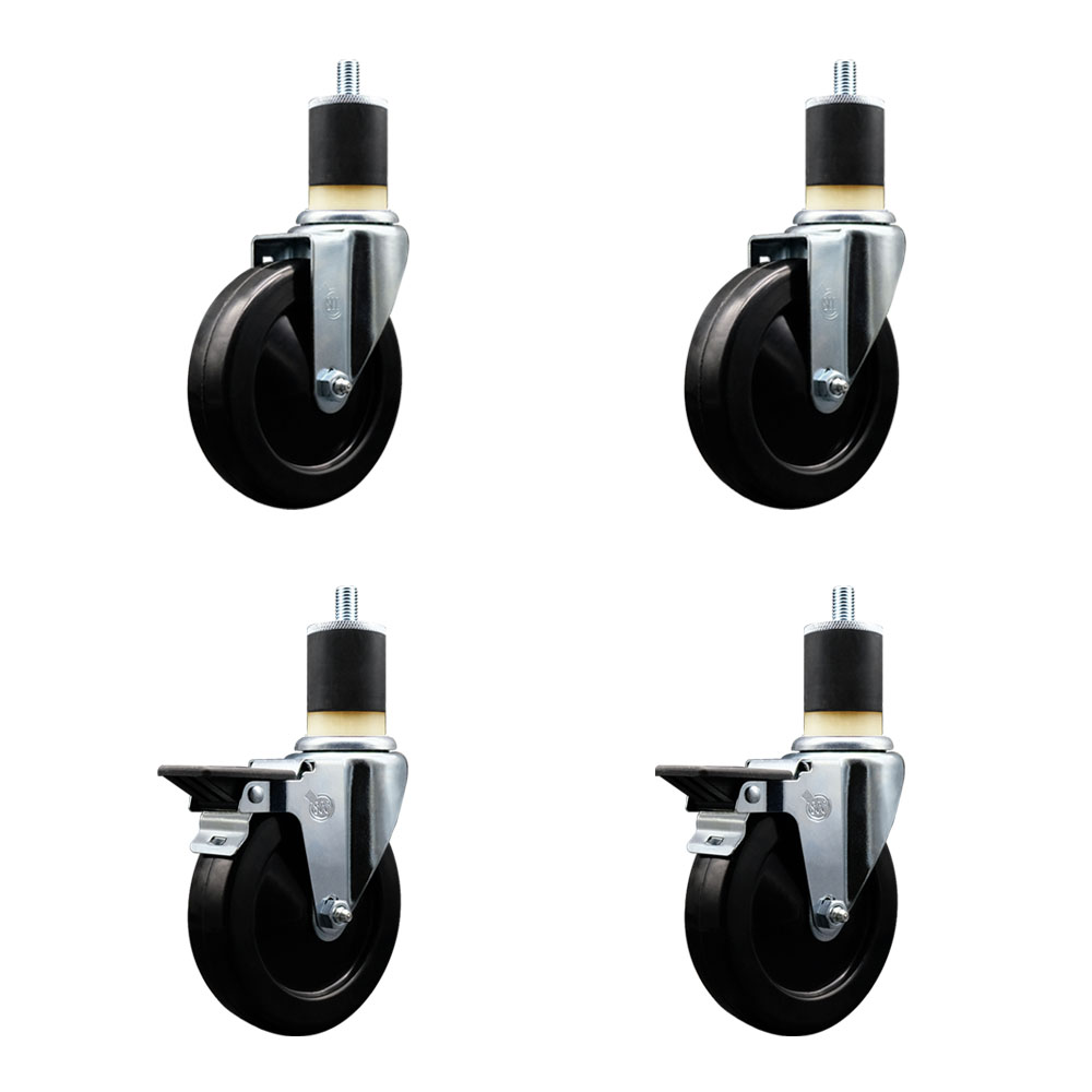 Soft Rubber Swivel Expanding Stem Caster Set of 4 with 5 Inch Black Wheels and 1-7/8" Stems - Includes 2 with Posi Locking Brakes - 1100 lbs Total Capacity - Service Caster Brand — photo 1