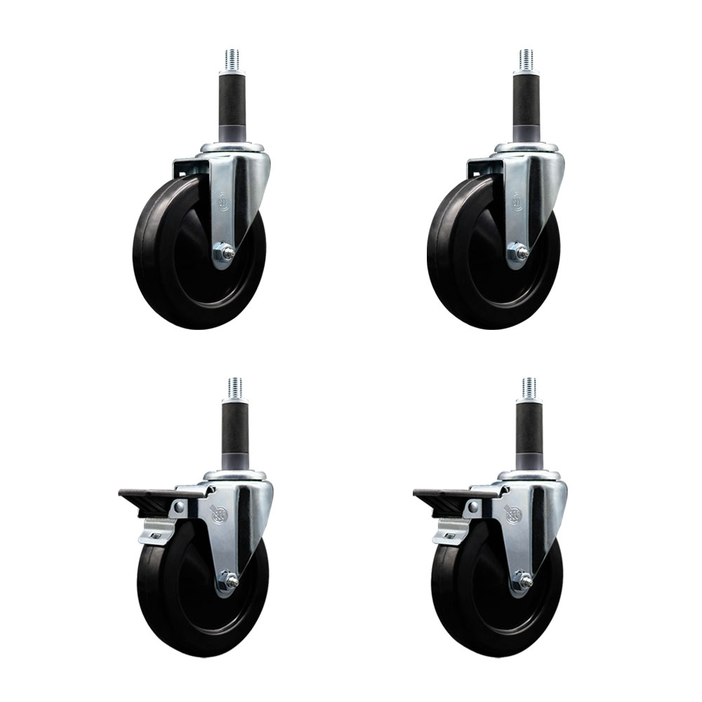 Soft Rubber Swivel Expanding Stem Caster Set of 4 with 5 Inch Black Wheels and 1" Stems - Includes 2 with Posi Locking Brakes - 1100 lbs Total Capacity - Service Caster Brand — photo 1