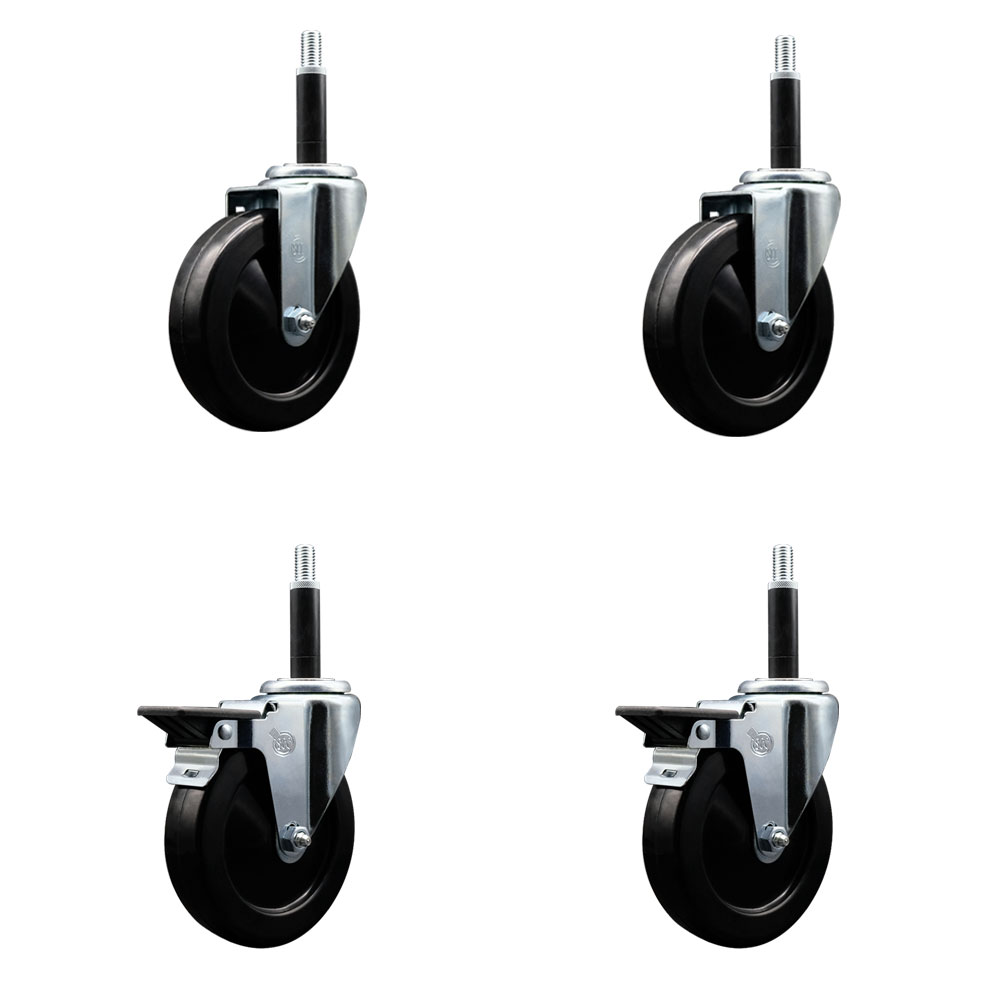 Hard Rubber Swivel Expanding Stem Caster Set of 4 w/5" x 1.25" Black Wheels and 3/4" Stems - Includes 2 with Posi Locking Brake - 1200 lbs Total Capacity - Service Caster Brand — photo 1