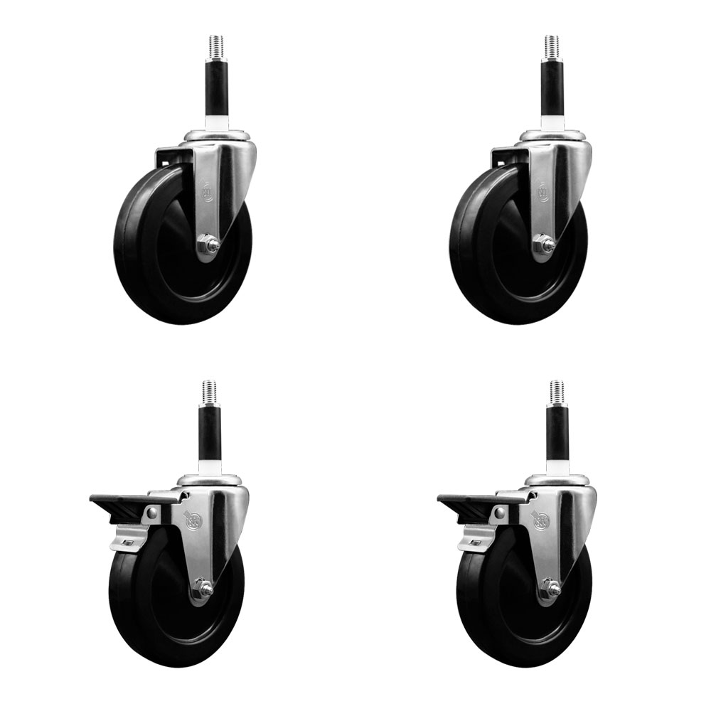 Soft Rubber Swivel Expanding Stem Caster Set of 4 with 5 Inch Black Wheels and 7/8" Stems - Includes 2 with Posi Locking Brakes - 1100 lbs Total Capacity - Service Caster Brand — photo 1