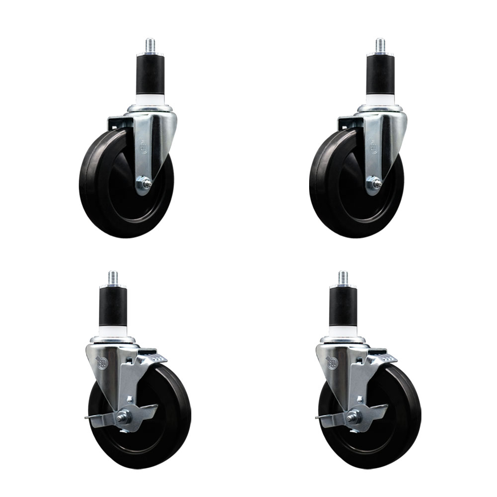 Soft Rubber Swivel Expanding Stem Caster Set of 4 with 5 Inch Black Wheels and 1-1/2" Stems - Includes 2 with Top Locking Brakes - 1100 lbs Total Capacity - Service Caster Brand — photo 1