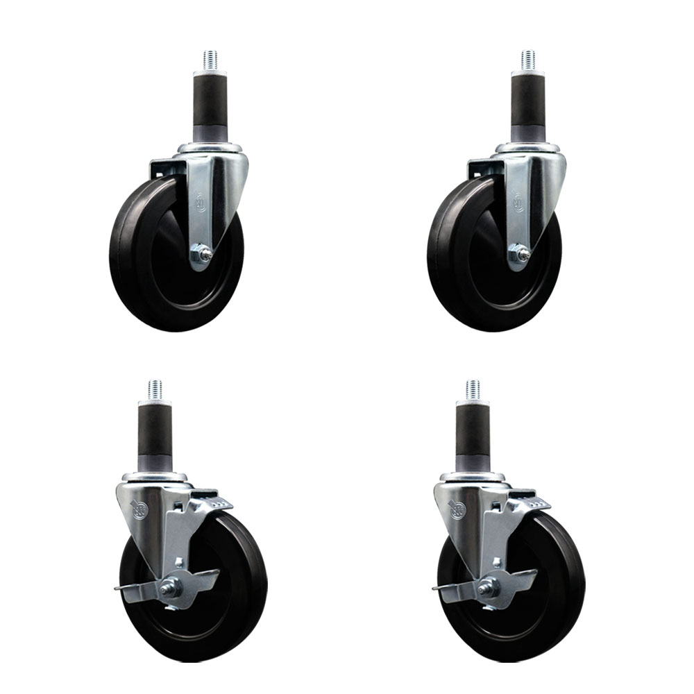 Soft Rubber Swivel Expanding Stem Caster Set of 4 with 5 Inch Black Wheels and 1-1/4" Stems - Includes 2 with Top Locking Brakes - 1100 lbs Total Capacity - Service Caster Brand — photo 1