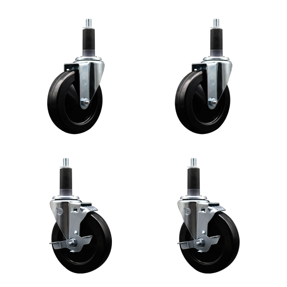 Soft Rubber Swivel Expanding Stem Caster Set of 4 with 5 Inch Black Wheels and 1-1/8" Stems - Includes 2 with Top Locking Brakes - 1100 lbs Total Capacity - Service Caster Brand — photo 1