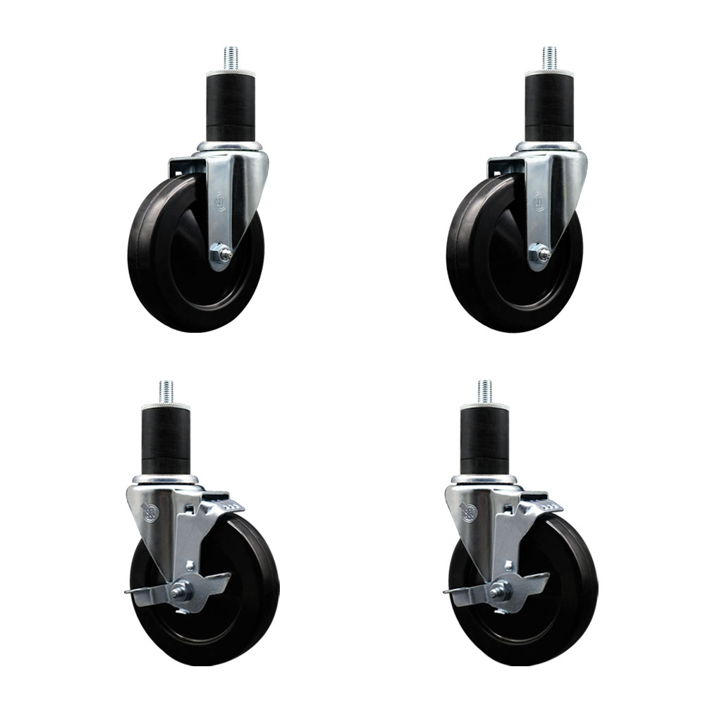 Stainless Steel Soft Rubber Swivel Expanding Stem Caster Set of 4 with 5 Inch Black Wheels and 1-3/4" Stems - Includes 2 with Top Locking Brakes - 1100 lbs Total Capacity - Service Caster Brand — photo 1